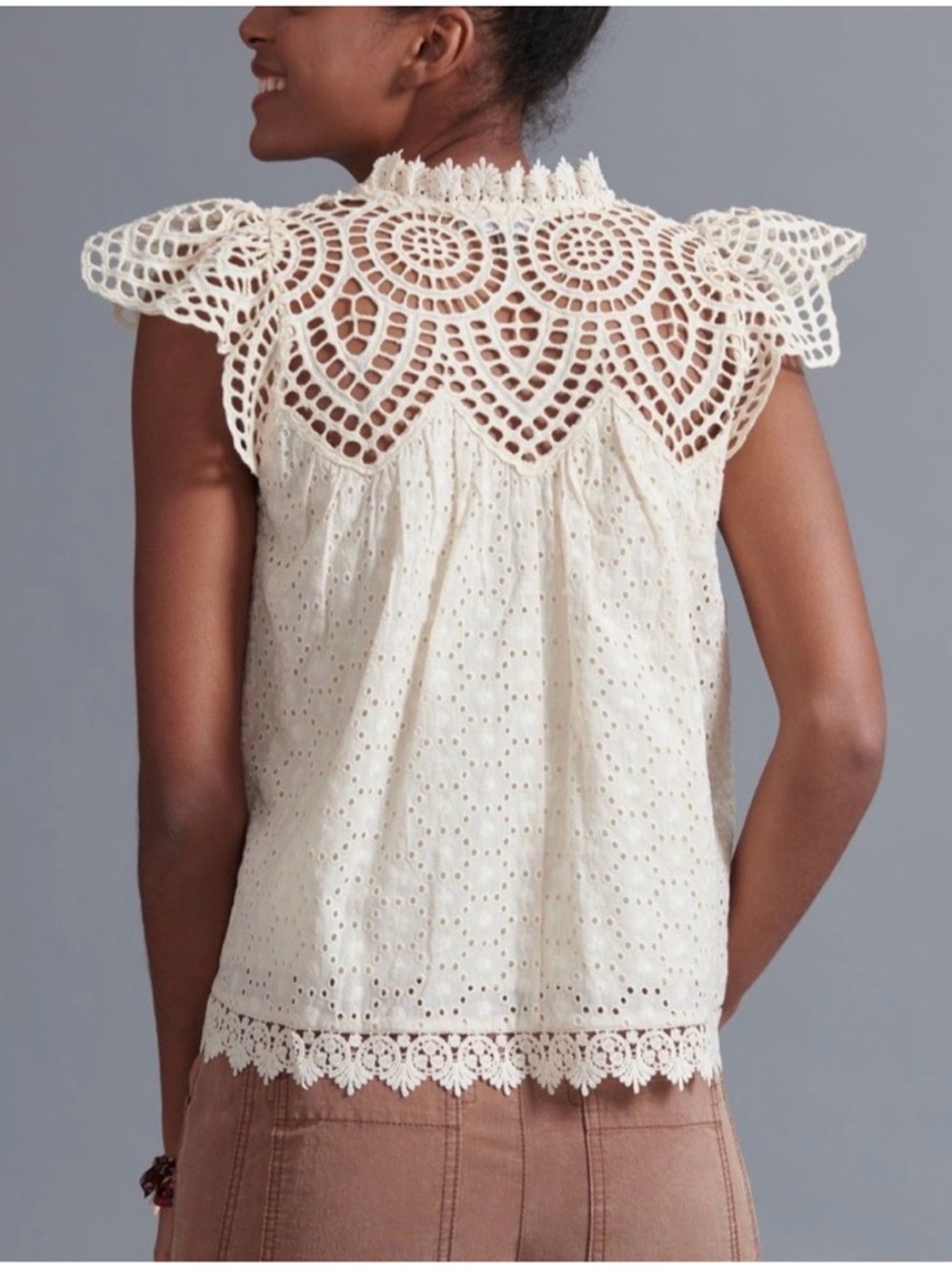 Blue Tassel for Anthropologie Charlize Crocheted Top Ivory Tie Neck XL - Picture 2 of 5